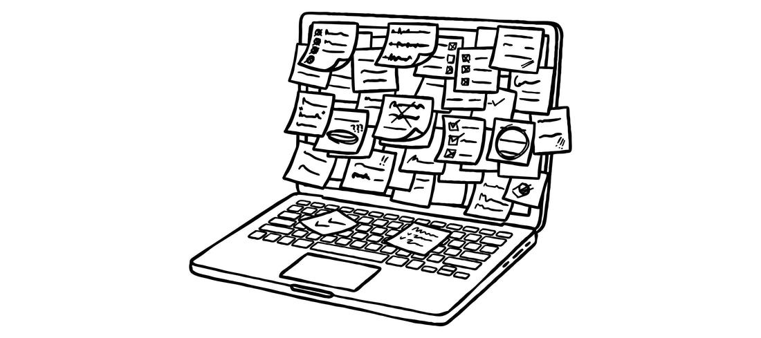 Line drawing of a laptop covered in sticky notes