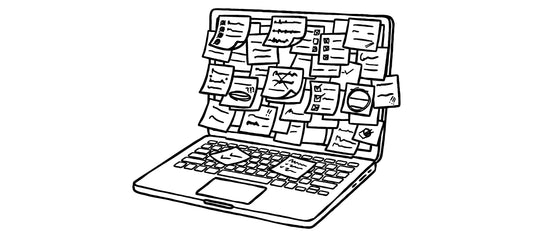 Line drawing of a laptop covered in sticky notes