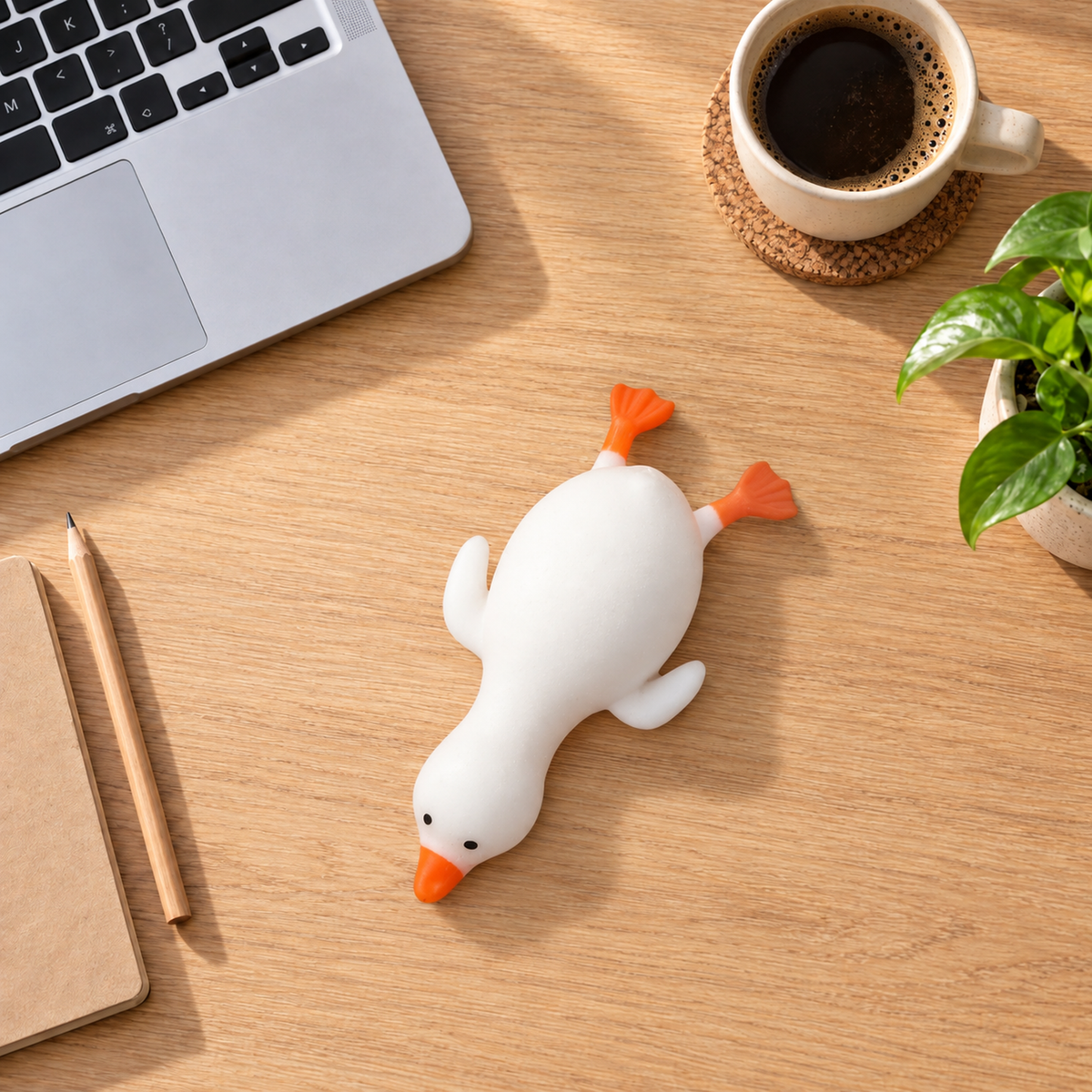 White squishy duck lying flat on an office desk