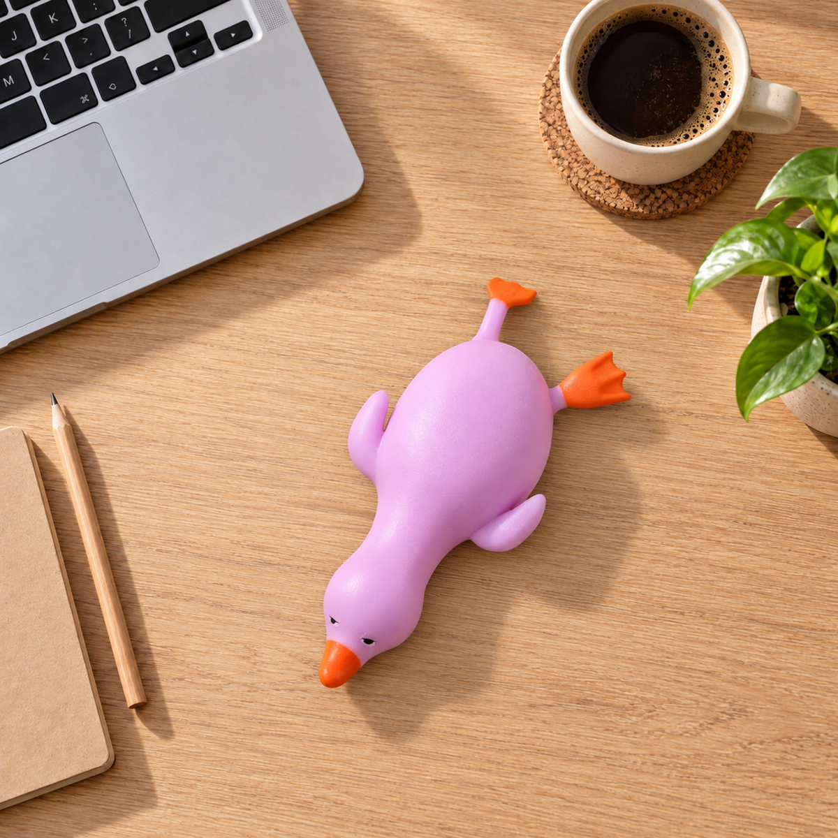 Lilac squishy duck lying flat on an office desk